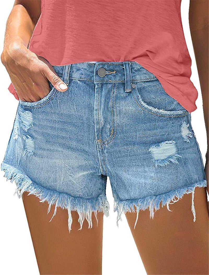 onlypuff Blue Mid Waisted Shorts Stretchy with Pockets Ladies Denim Shorts Ripped XL - Image 1